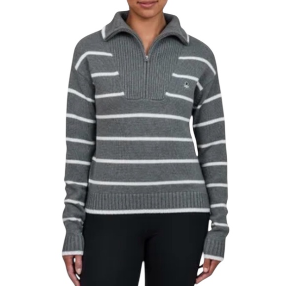 United Colors Of Benetton Sweaters - Benetton 3/4 zip cotton knit grey & white striped sweater S excellent condition